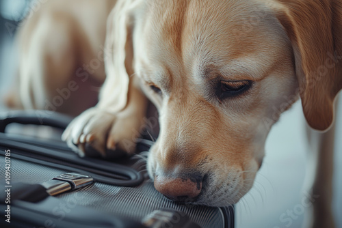 focused dog sniffing suitcase at airport, curious and alert photo