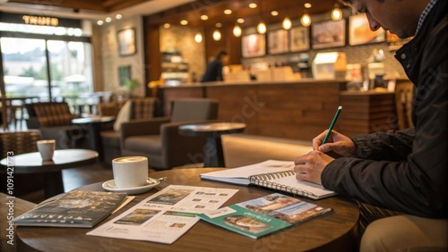 An individual sitting in a cozy coffee shop jotting down notes in a planner surrounded by brochures for various venues for an upcoming wedding. photo