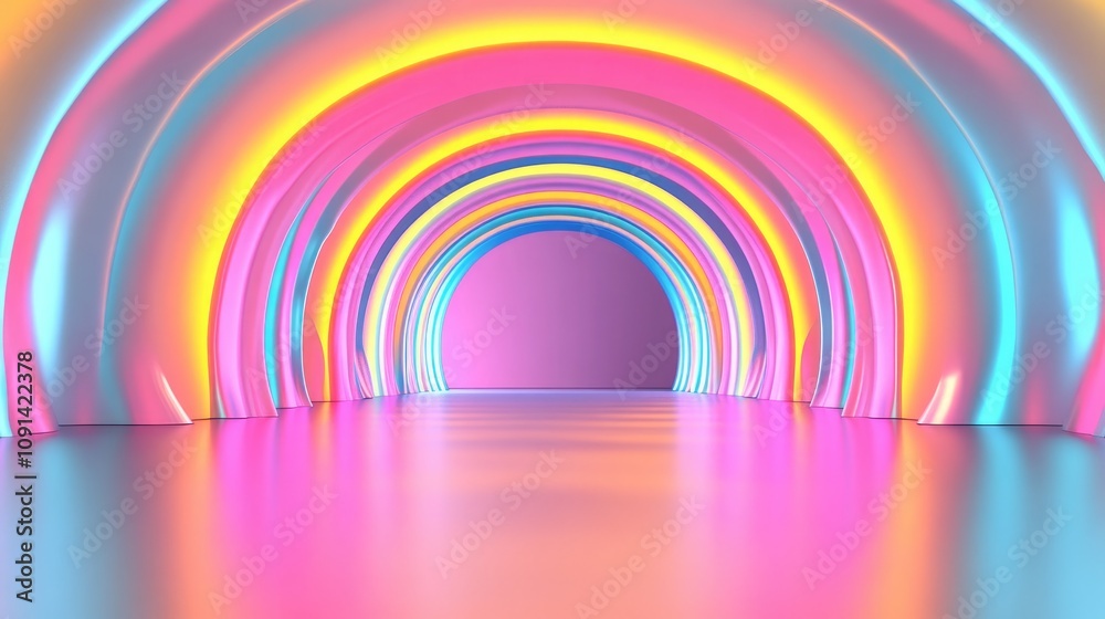 Obraz premium Colorful 3D tunnel illuminated with vibrant pink, blue, and yellow neon lights, featuring an abstract geometric backdrop and smooth reflective floor.