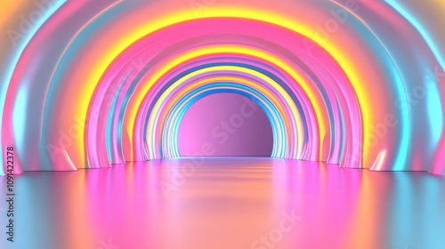 Fototapeta Naklejka Na Ścianę i Meble -  Colorful 3D tunnel illuminated with vibrant pink, blue, and yellow neon lights, featuring an abstract geometric backdrop and smooth reflective floor.