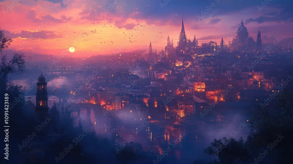 Naklejka premium Tranquil cityscape at dawn or dusk featuring a stunning sky illuminated with vibrant blue, purple, amber, red, and gold hues, casting a warm glow over a serene urban landscape.