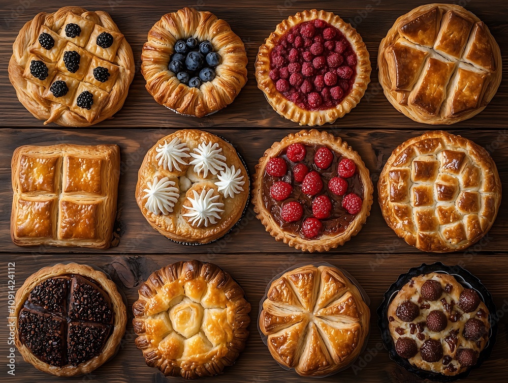 Fototapeta premium Baking delights assorted pastries showcase artisan kitchen food photography rustic setting aesthetic presentation