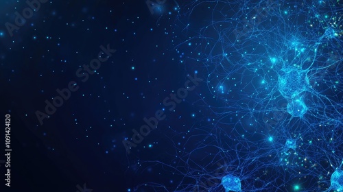 Vibrant blue abstract background featuring intricate nerve cells, brain neurons, and synapses, perfect for medical and biological themes, highlighting the complexity of neural networks.