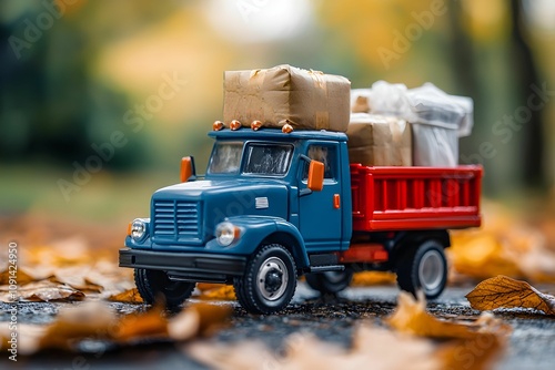 Colorful toy truck loaded with packages on autumn leaves photo