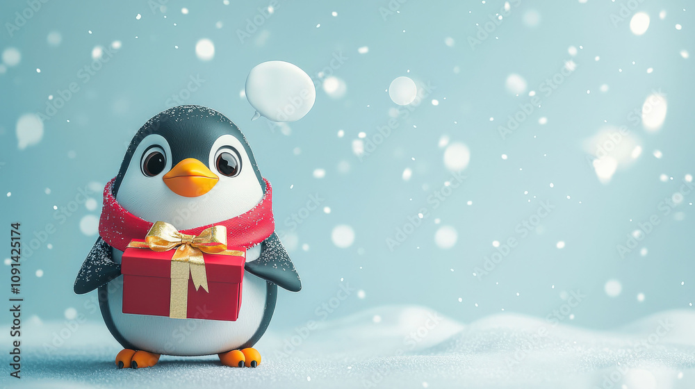 Fototapeta premium A small cartoon penguin wearing a red scarf holds a present tied with a gold ribbon. The light blue background features subtle snowflakes and a large bubble space for text next to the penguin.