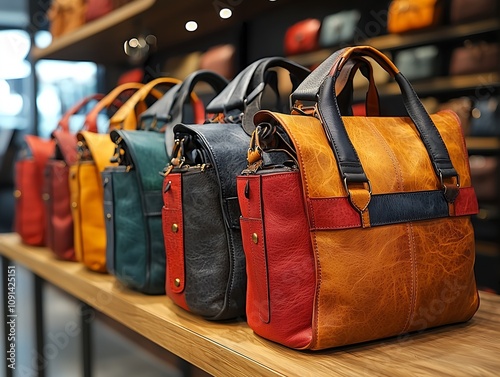 Colorful handbags displayed in a boutique store urban setting retail photography fashion environment eye-level view