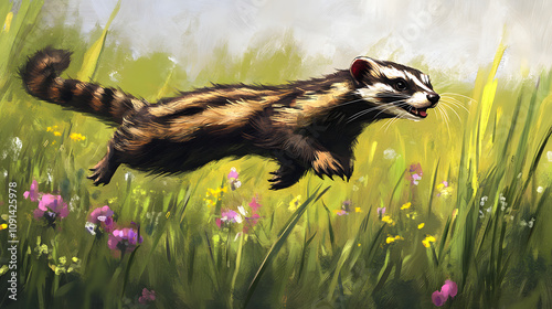 The Adventures of a Zorilla in a Flower-Filled Grassland Exploratory Landscape photo