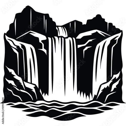 Waterfall Over Rocky Cliffs Minimalist Vector Silhouette with White Background.