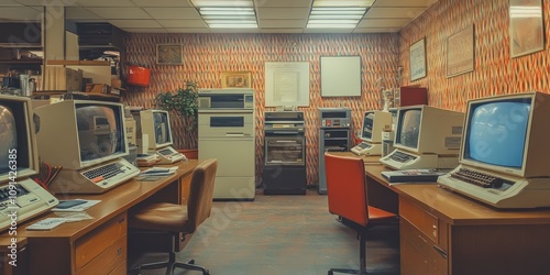 Retro Office Space With Vintage Computers And Desks photo