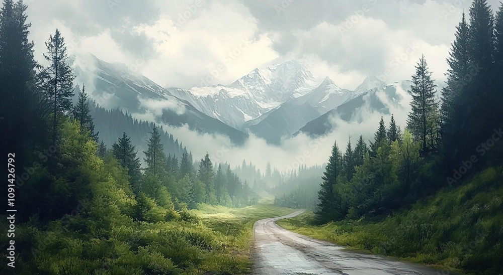 Obraz premium Imagine the background of an oil painting. There is fog in front of and behind the mountains. 