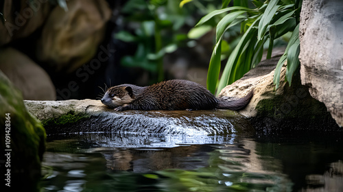 Relaxing by the Stream: A Zorilla's Peaceful Retreat in its Lush Habitat photo