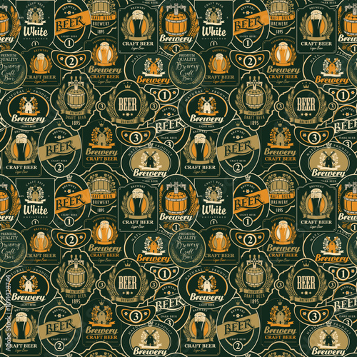 Vector seamless pattern on the theme of beer with various beer labels with images of barrels, beer glasses, mills, laurel wreathes, ears of wheat and other in retro style