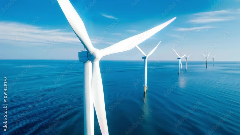 Wind farm with several large wind turbines, distributed over sea water. Concept of ecology and renewable energy.