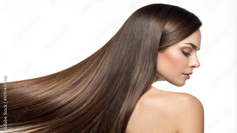 Naklejka premium Close-up of a woman with long, smooth, and shiny brown hair. The flawless texture and healthy glow emphasize hair care and beauty, set against a simple white background.