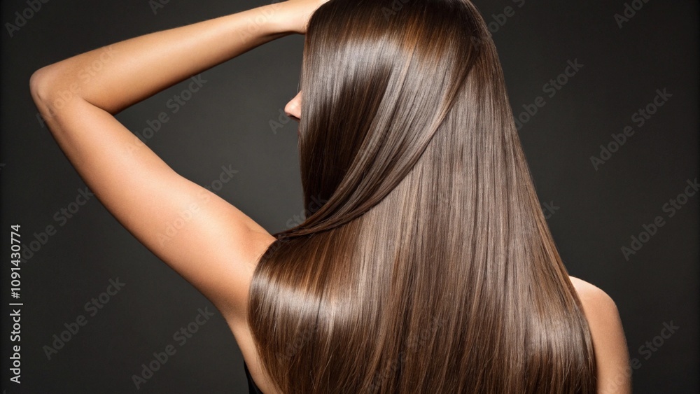 Naklejka premium Close-up of a woman with long, smooth, and shiny brown hair. The flawless texture and healthy glow emphasize hair care and beauty, set against a simple white background.