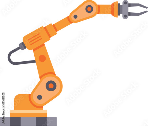 Orange robotic arm with gripper performing automated tasks in industrial setting, showcasing advanced automation technology