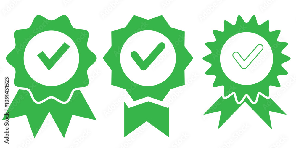 Obraz premium Approved or certified medal icon. Approval check symbol. Winning award, prize, medal or badge. Verified medal icon. Icon in flat style and line. Certified badge symbol, quality sign.