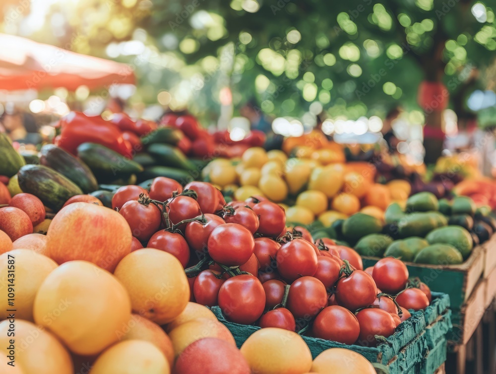 A vibrant display of fresh fruits and vegetables at a market. A vibrant display of fresh fruits and vegetables at a market.