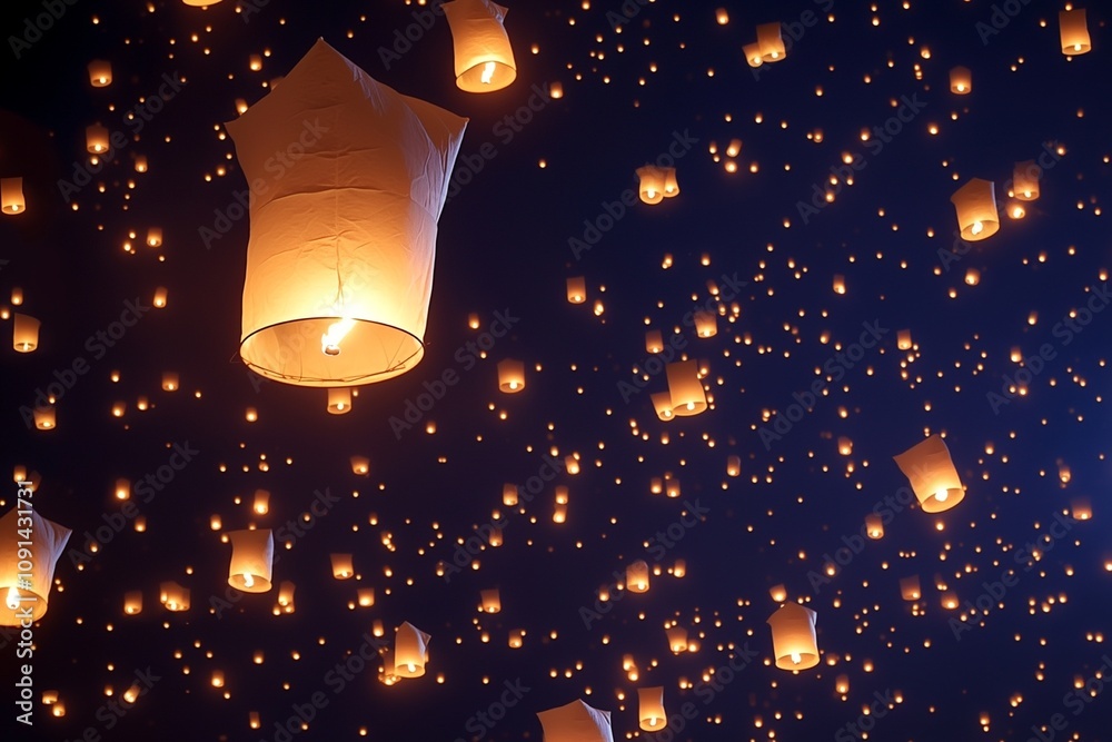 Paper lanterns float in the night sky during the Lantern Festival Stock ...
