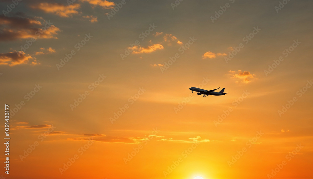 Fototapeta premium Silhouette of an airplane flying against an orange sunset sky.