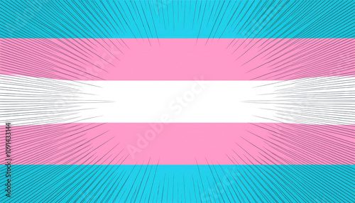 Transgender pride flag with comic style burst lines around copy space at center