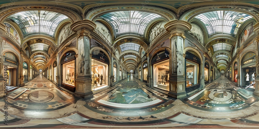 Obraz premium Galleria Vittorio Emanuele II in Milan, Italy: A Stunning Architectural Landmark Featuring Luxurious Shops, Elegant Glass Roof, and Historic Ambiance in the Heart of Milan