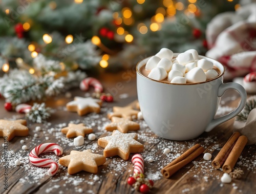 A flat lay of a warm winter setup: hot chocolate in a ceramic mug, star-shaped cookies dusted with powdered sugar, candy canes, and cinnamon sticks, arranged on a rustic wooden surface photo