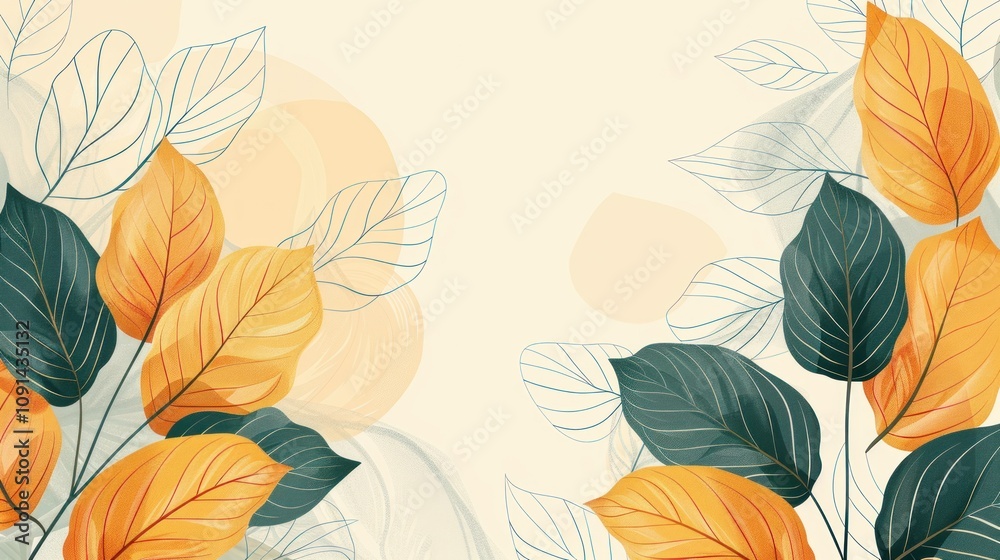 Abstract floral design with orange and teal leaves on a pale background. Abstract floral design with orange and teal leaves on a pale background.