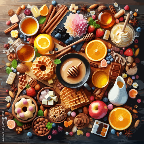 A colorful assortment of sweets, fruits, and delicious meals on a decorated table