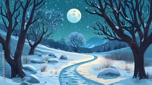 Explore the enchantment of a snowy moonlit landscape. Moonlit Snowy Path. Illustration photo