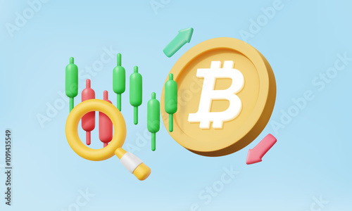 3D vector cryptocurrency trading btc or bitcoin, arrow buy, sell, Finance business investments. Growth statistics stock trader concept. crypto exchange, cartoon minimal