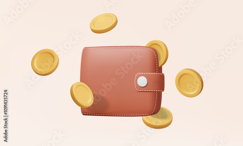 Digital wallet brown with golden coins floating into wallet cashback concept. money management income financial saving online payments, cartoon minimal on pastel background. 3d vector