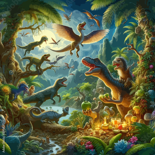 An artistic representation of dinosaurs amidst dense foliage in a colorful jungle setting.