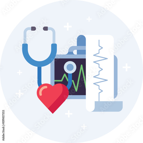 Cardiology equipment including a stethoscope, heart shape, and ekg report are combined in a visually appealing design, emphasizing the importance of heart health and medical diagnostics