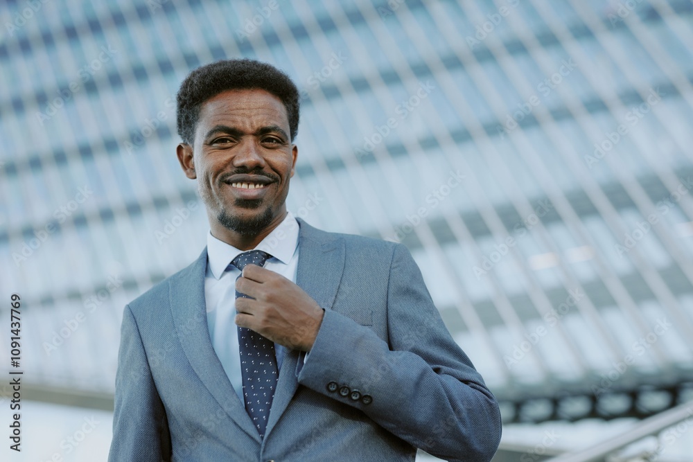 Fototapeta premium Portrait of confident businessman smiling while holding his tie in urban city setting showing modern architecture background