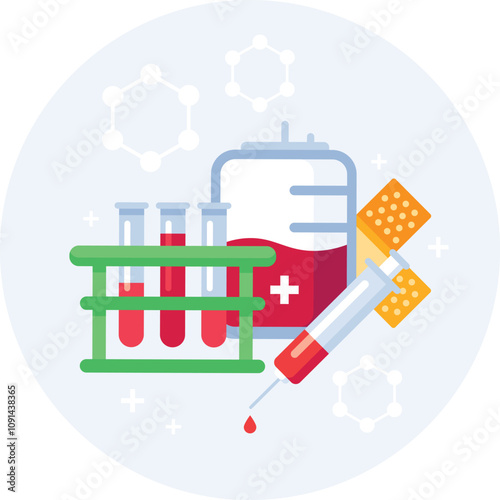 Medical illustration representing a blood bag, test tubes, syringe and bandages, depicting the concept of blood transfusion and healthcare