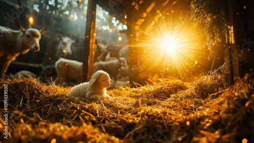 A realistic scene of Jesus in the manger, surrounded by natural elements like hay, wood, and animals, capturing the humble and peaceful essence of the nativity scene. photo