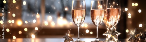 Three elegant glasses of sparkling rose wine set against a softly lit background, perfect for celebrations and special occasions. photo