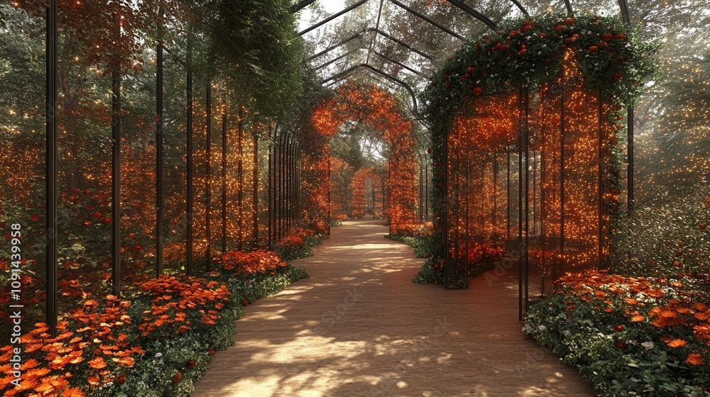 Obraz premium Sunlit garden path surrounded by vibrant flowers and lush greenery, inviting tranquility and reflection in nature's beauty.