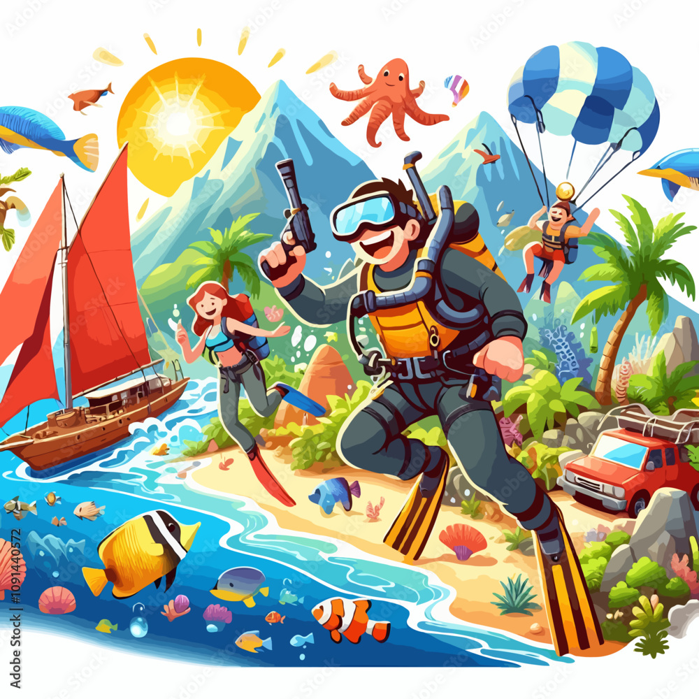 Naklejka premium Cartoon vector illustration depicting scuba divers exploring underwater and beachgoers enjoying the sun on the shore.