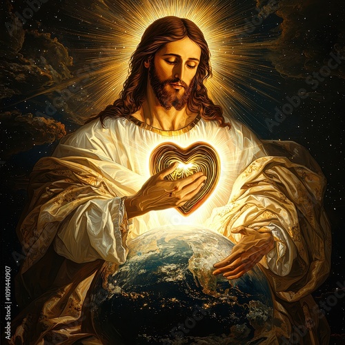 A serene depiction of a divine figure holding a glowing heart, symbolizing love and compassion for the world.