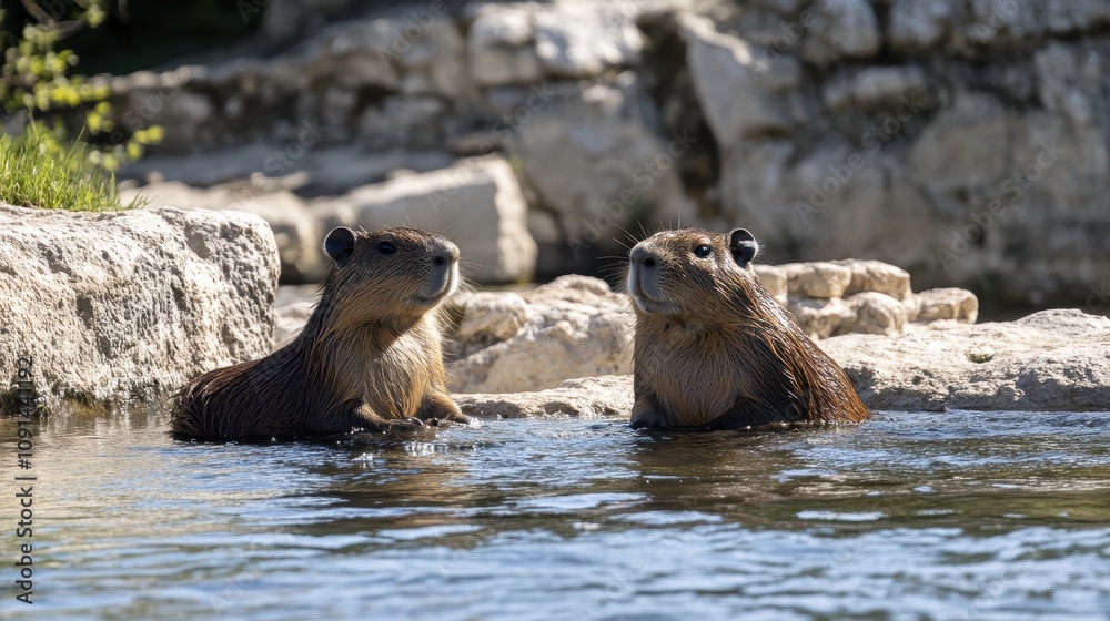 Fototapeta premium capybaras in the water