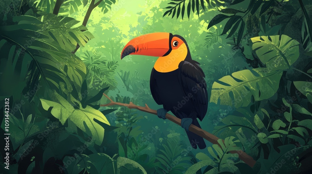 Obraz premium Toucan sitting on a branch with vibrant orange and yellow beak, surrounded by dense green jungle foliage in a tranquil forest environment