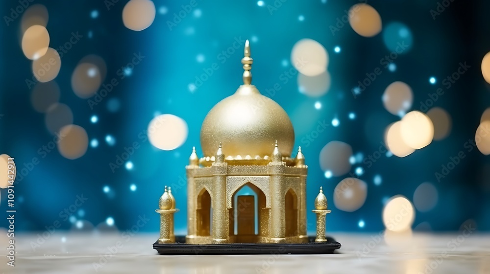 Obraz premium Golden Mosque Model Against Blue Bokeh Background