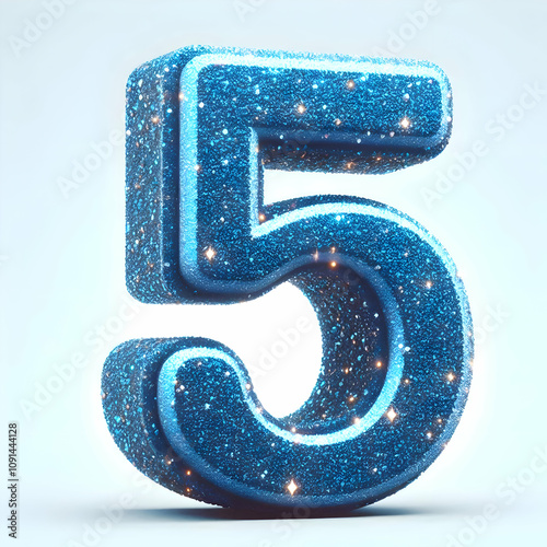 blue 3d number 5 in glitter texture isolated on white background photo