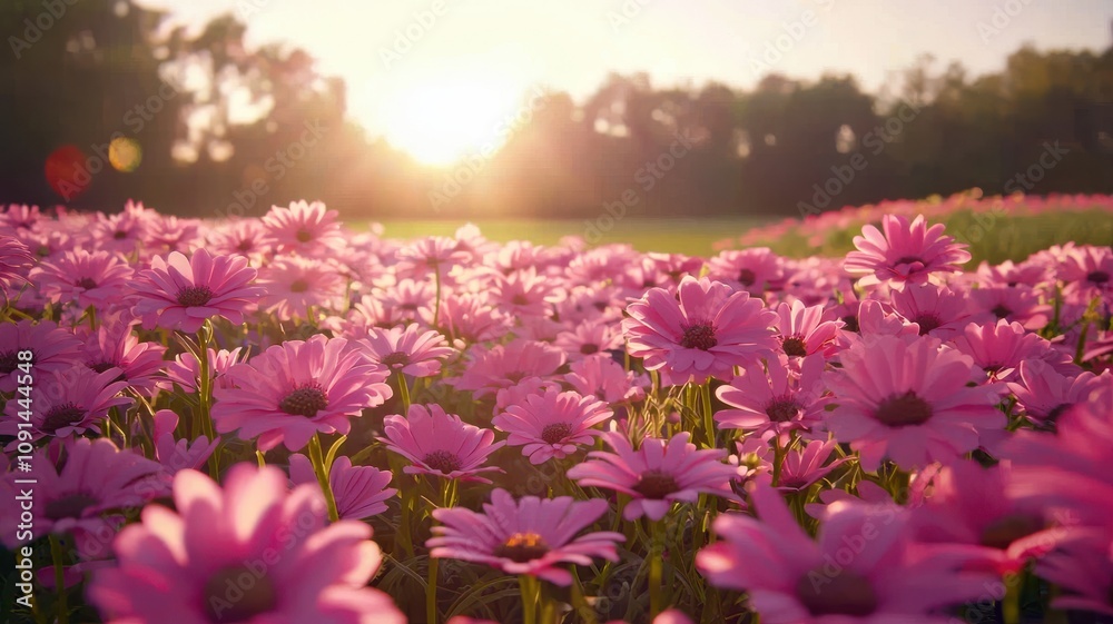 Fototapeta premium Meadow with Blooming Pink Daisies