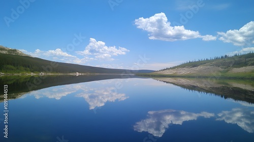 A stunning mountain landscape with a deep blue sky and reflecting water, featuring tall peaks surrounded by dense forests under the warm autumn sun
