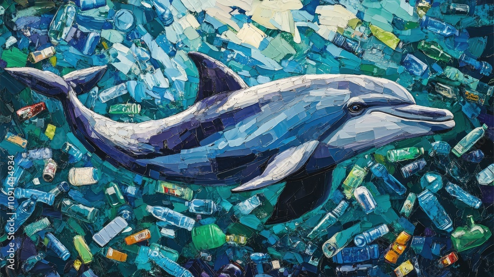 Dolphin Swimming Gracefully Overwhelmed by Plastic Bottles in Polluted ...
