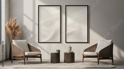 Elegant Living Room Interior with sofa and various painted frames, 3d modern luxury living room mokeup design, large framed poster on the wall, abstract contemporary luxury interior design. 