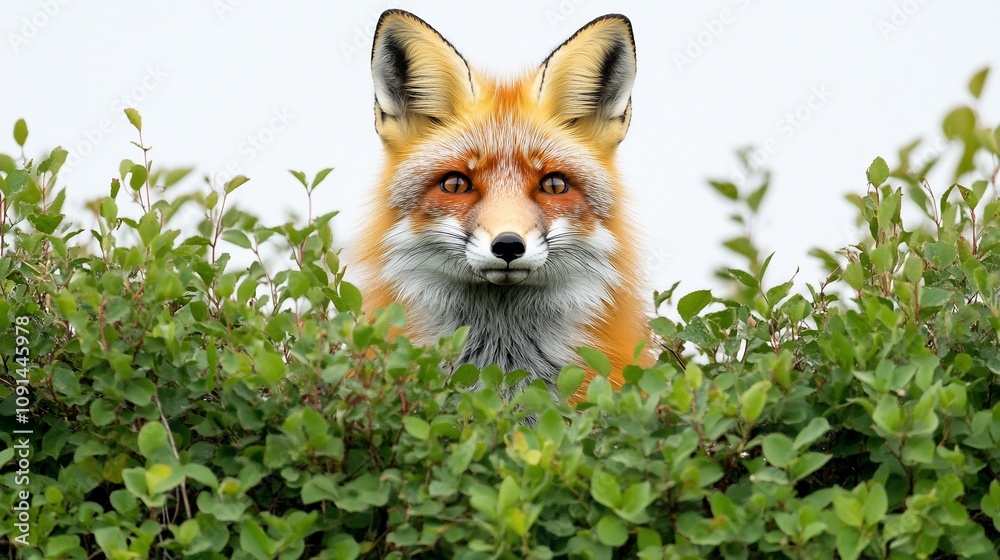 Obraz premium A fox peeks over a hedge, showcasing its vibrant fur and curious expression.